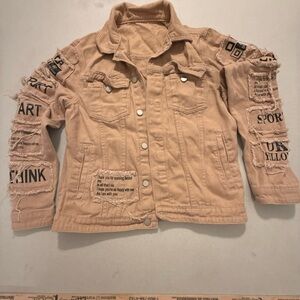 Men’s Yellow Denim Jacket Slogan Letter Print Cotton Streetwear Size Small